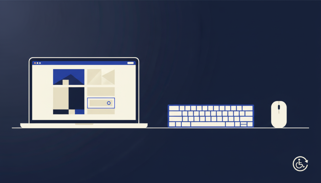 Notebook com interface ilustrativa de site acessível, destaque de foco no teclado e contraste visual.