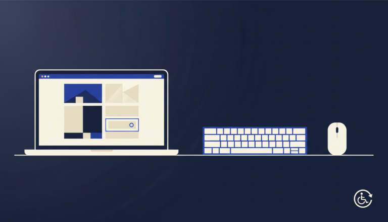Notebook com interface ilustrativa de site acessível, destaque de foco no teclado e contraste visual.